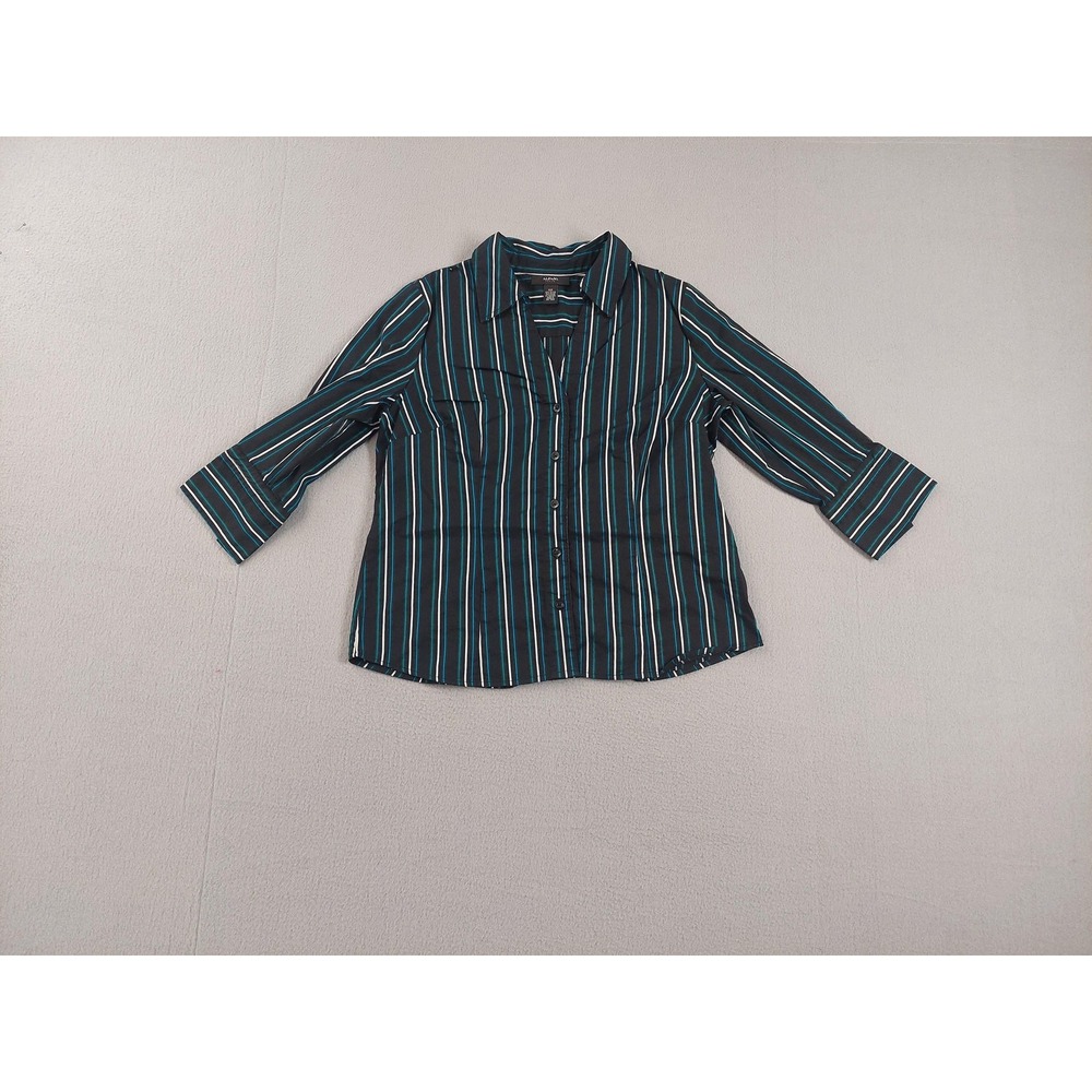 Alfani Shirt Womens 12P Black‎ Stripe 3/4 Sleeve Button Front Petite Stretch Top